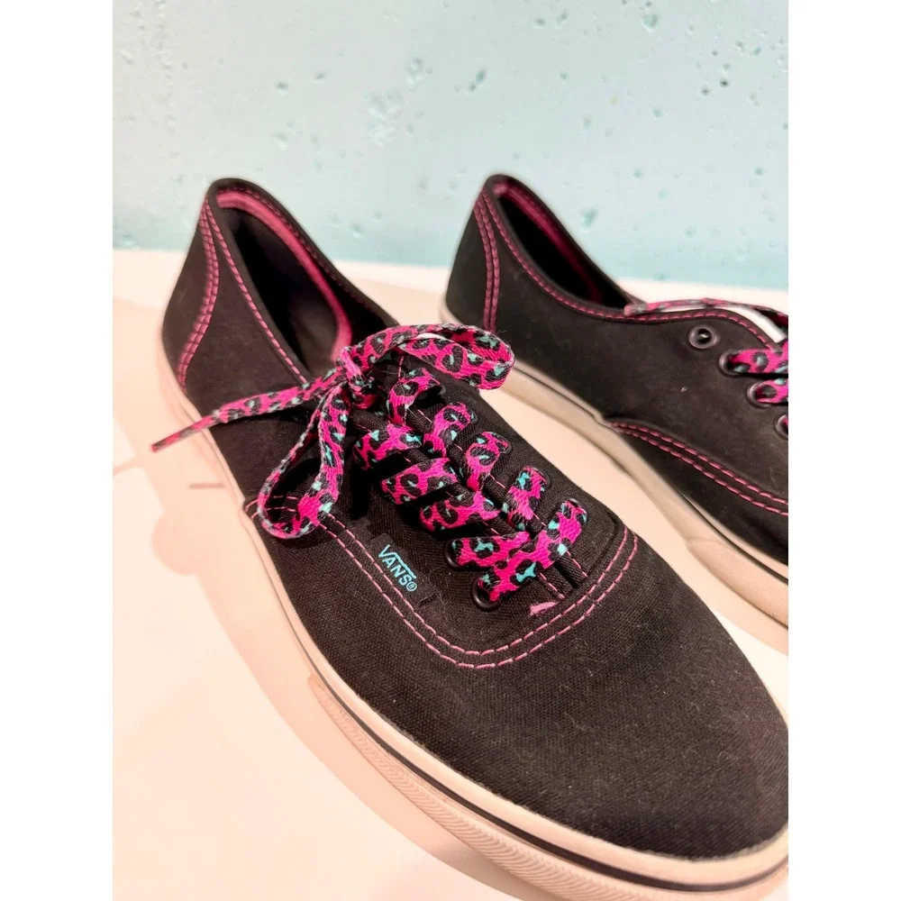 Vans Authentic Lo Pro Black Pink Contrast Stitch Leopard Lace Sneakers Womens 8